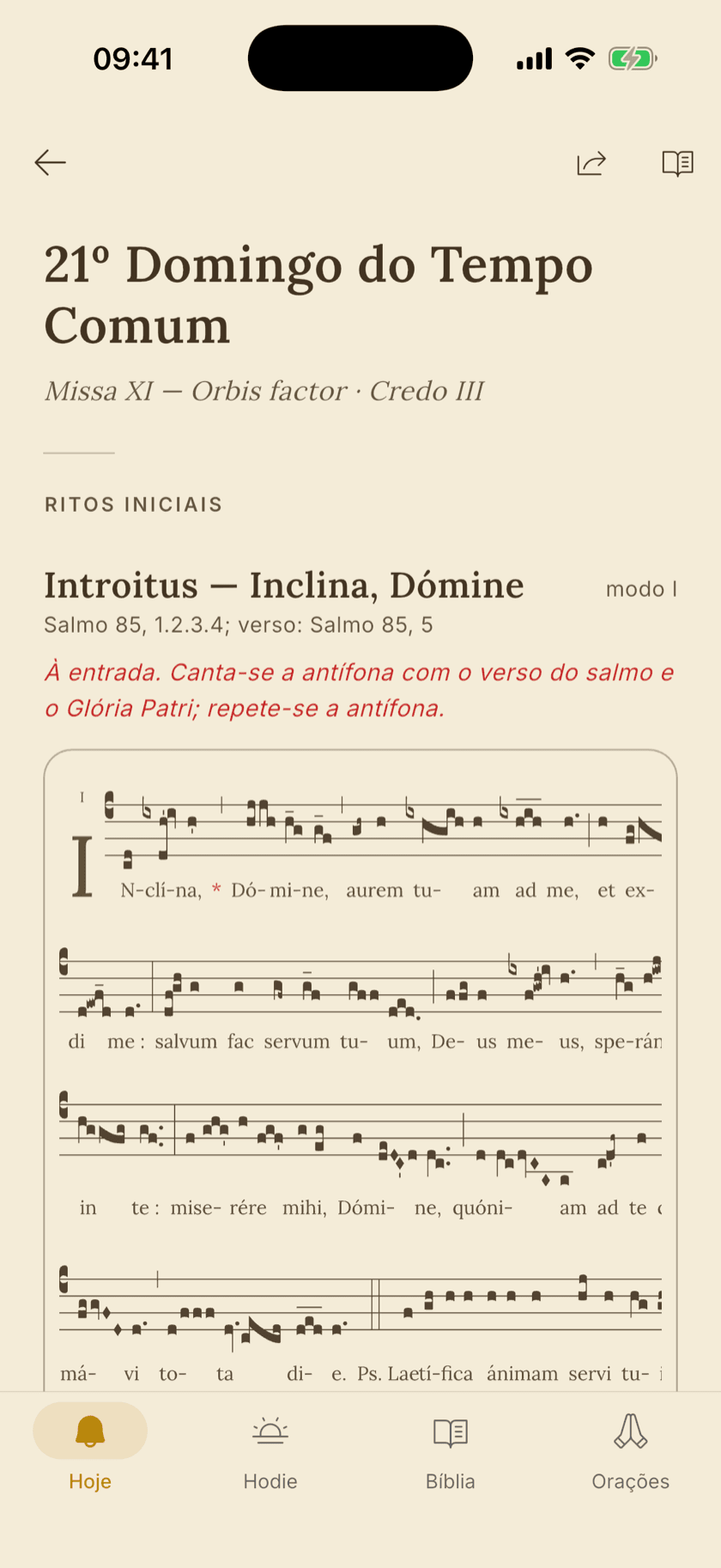 Missa montada no aplicativo: o 21º Domingo do Tempo Comum com a Missa XI (Orbis factor) e o Credo III, aberta na partitura do Introito Inclina, Dómine