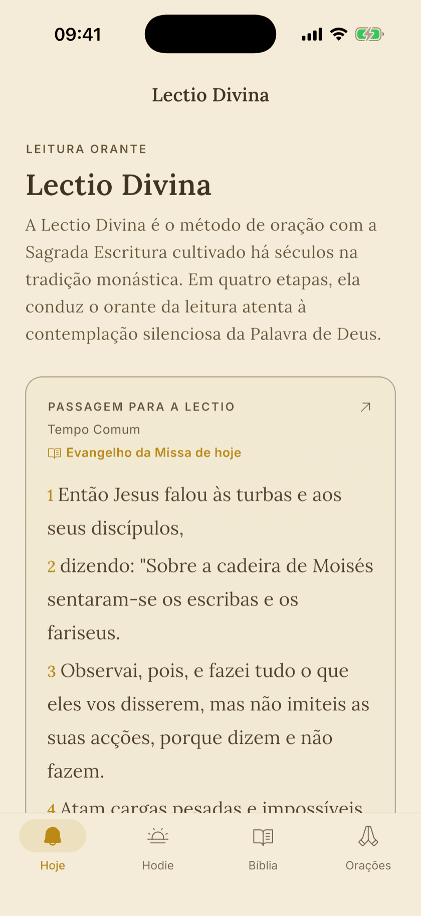 Lectio Divina no aplicativo: a passagem do dia com o Evangelho da Missa de hoje, pronta para a leitura orante