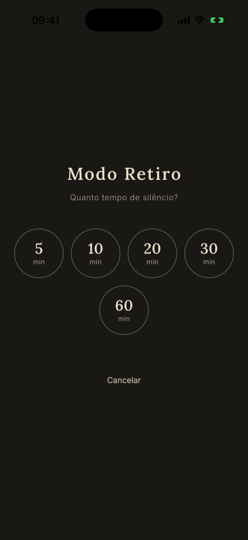 Modo Retiro no aplicativo: a escolha do tempo de silêncio, de 5 a 60 minutos, em tela escura