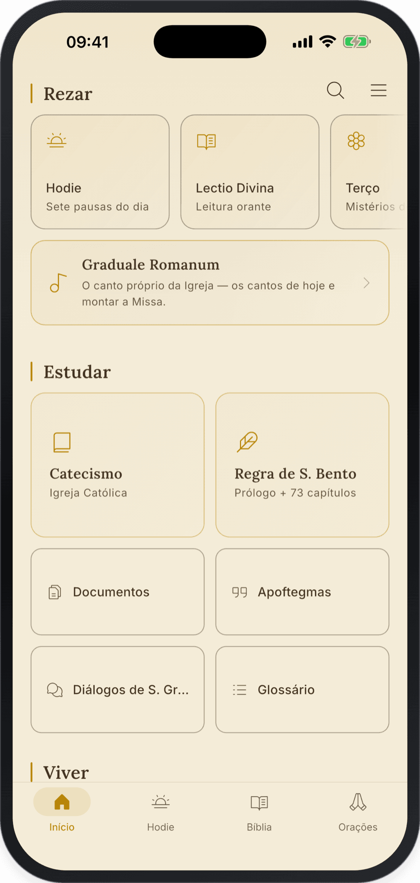 Tela inicial do aplicativo Ora et Labora, com as seções Rezar e Estudar e o Graduale Romanum em destaque