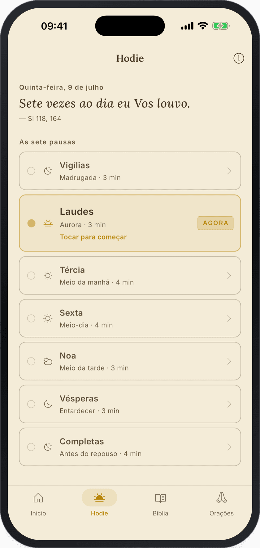 Hodie no aplicativo: as sete pausas de oração do dia, de Vigílias a Completas, com Laudes indicada como a hora de agora