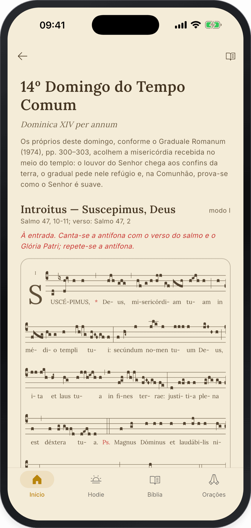 Graduale Romanum no aplicativo: partitura gregoriana do Introito Suscepimus Deus, do 14º Domingo do Tempo Comum