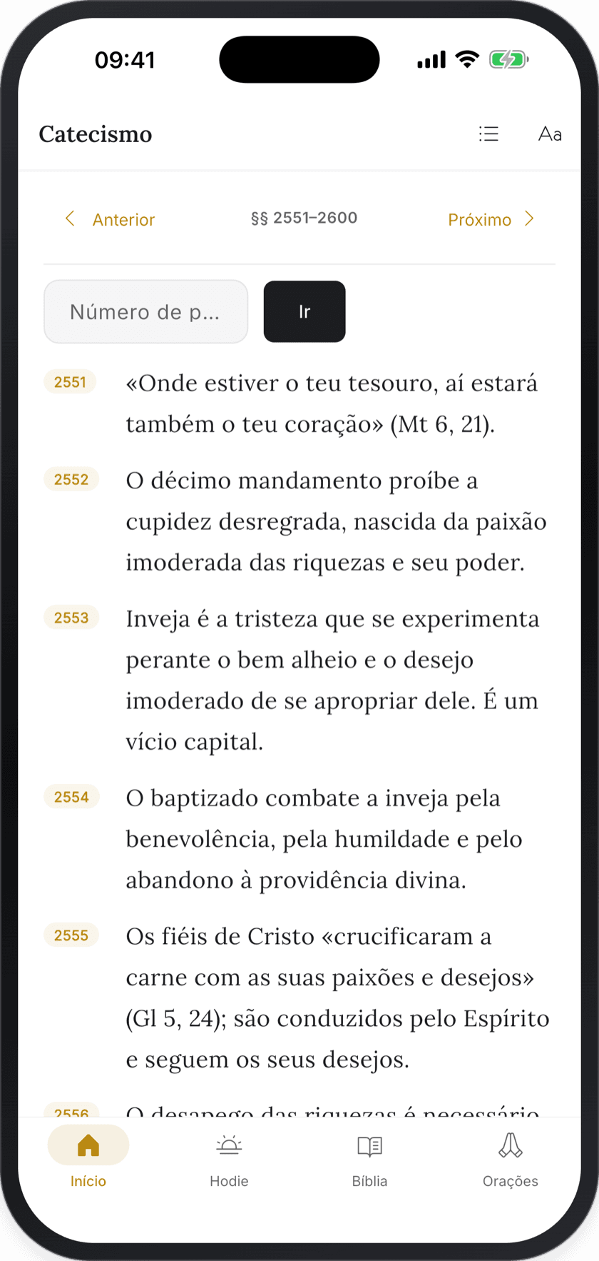 Catecismo da Igreja Católica no aplicativo, com navegação por número de parágrafo