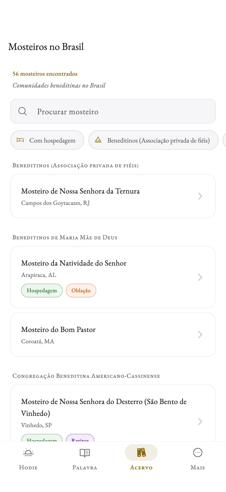 Mosteiros no Brasil no app: a busca e a lista dos mosteiros beneditinos, com hospedagem e oblação