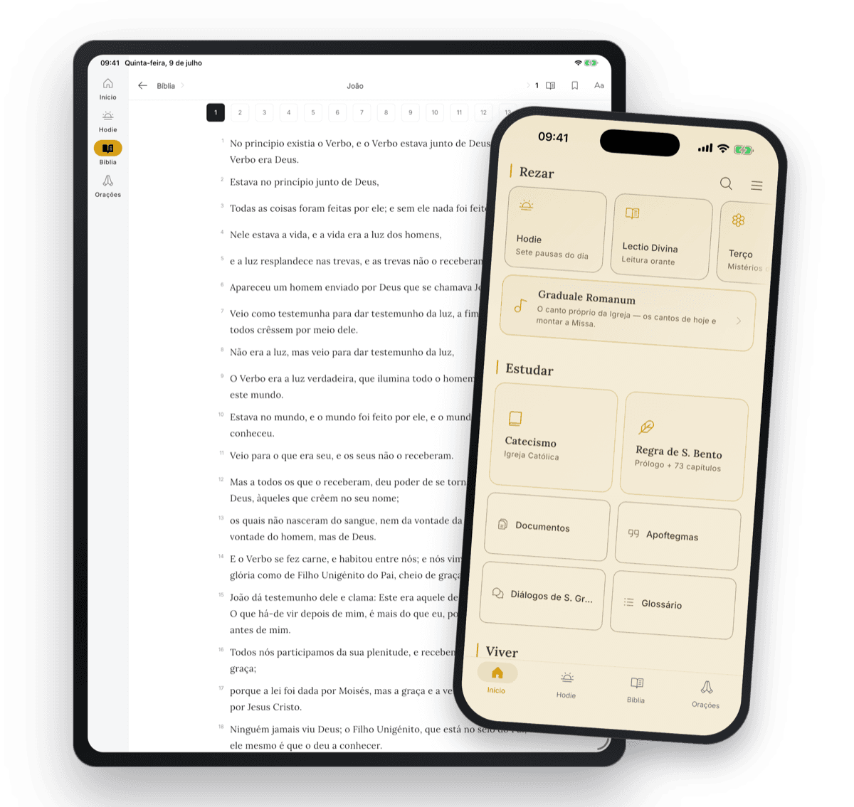 O aplicativo Ora et Labora no iPad, com a leitura da Bíblia, e no iPhone, com a tela inicial